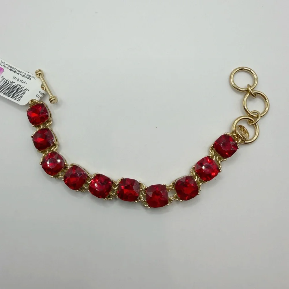 Cosmopolitan Gold Tone Red Crystal Bracelet | Cushion Cut Toggle Clasp